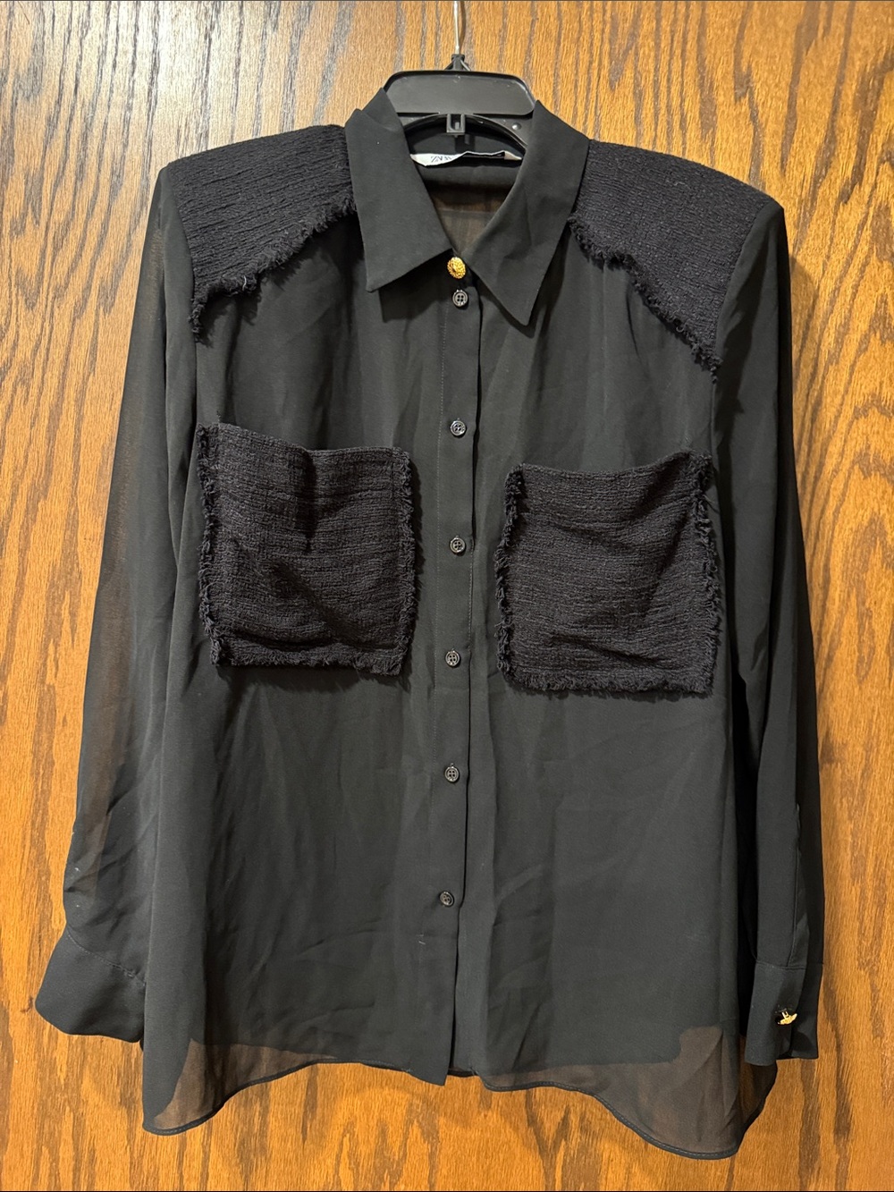 Zara Black Button-Up Shirt with Textured Patch Pockets and Shoulder Panels